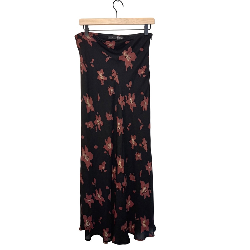 Vintage 111 State 100% Silk Y2K Maxi Skirt A Line Floral Black Boho Goth SZ 10